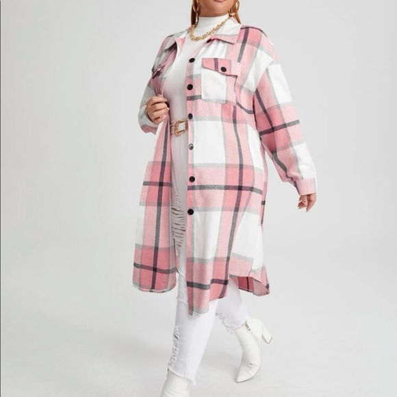 Plus Size Plaid Pocket Light Jacket Shacket Long Shirt Green BELT NOT INCLUDED - Picture 8 of 16